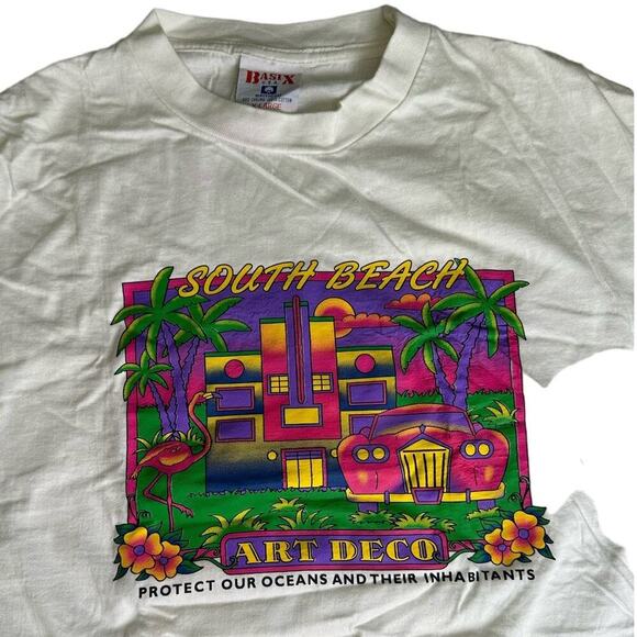 Vintage 90s Single Stitched White 100% Cotton Tee Basix South Beach Art Deco XL - Picture 2 of 8
